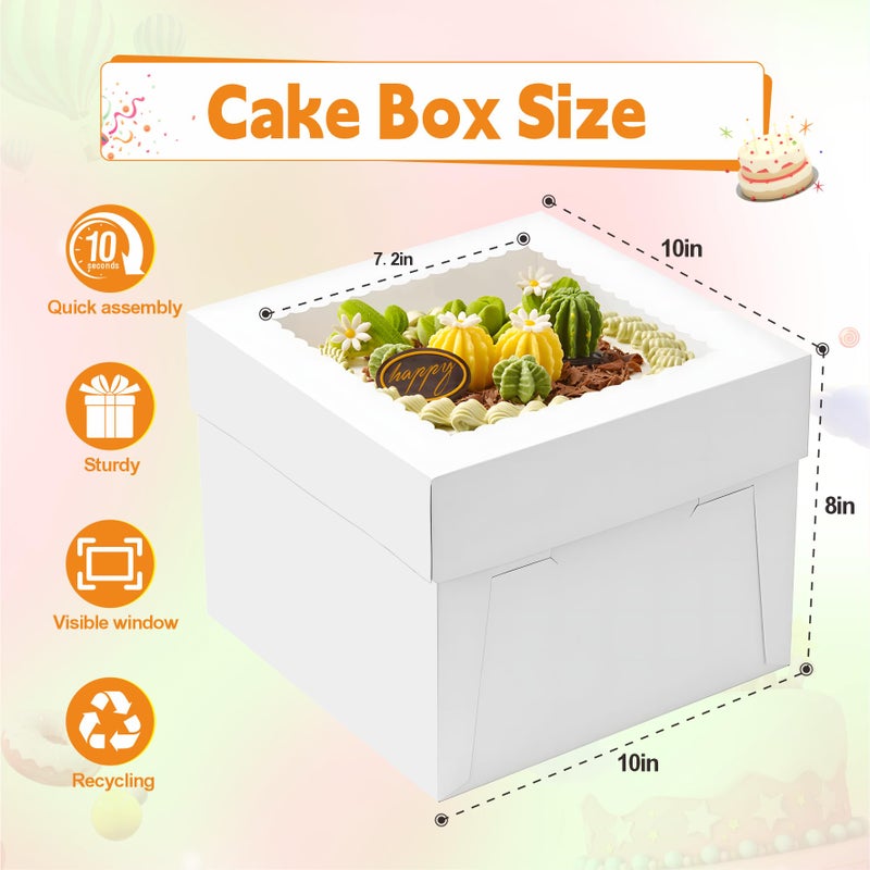 BXIHUR 3pcs Cake Boxes, 10x10x8 Inch Cake Box With Viewing Window and Cake Board and Stickers, Tall Cake Box, Suitable for Birthday, Party, Wedding, Banquet - Image 2